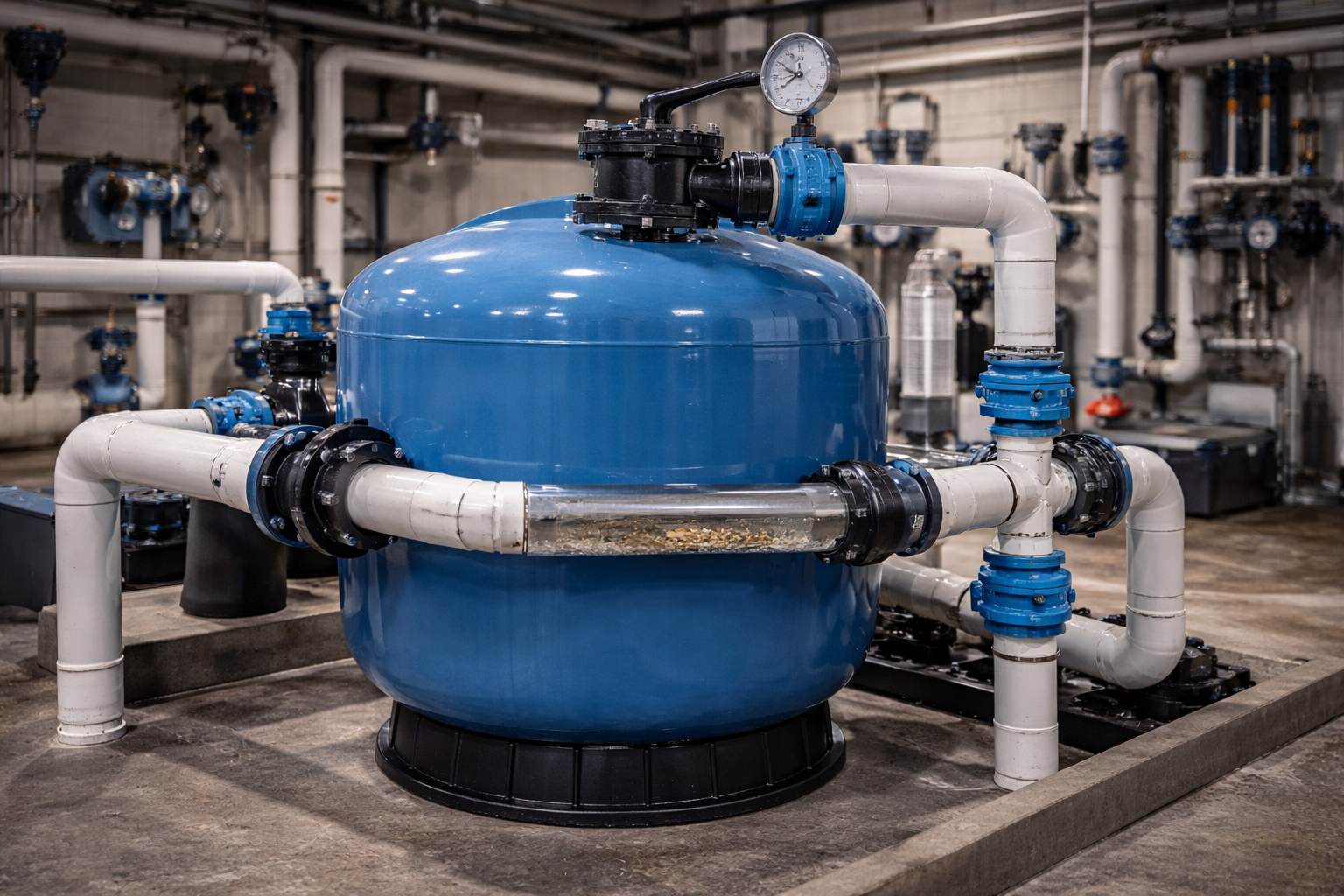 صورة 4: مرشح رملي بطيء يوضح طبقة الرمل وطبقة الزلط وآلية الترشيح البيولوجي